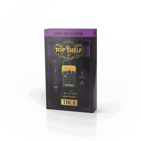 Top Shelf Crown Royale Kush Dispo vaporizer packaging with THCA blend, 4g capacity, USB-C charging, and ceramic coil.